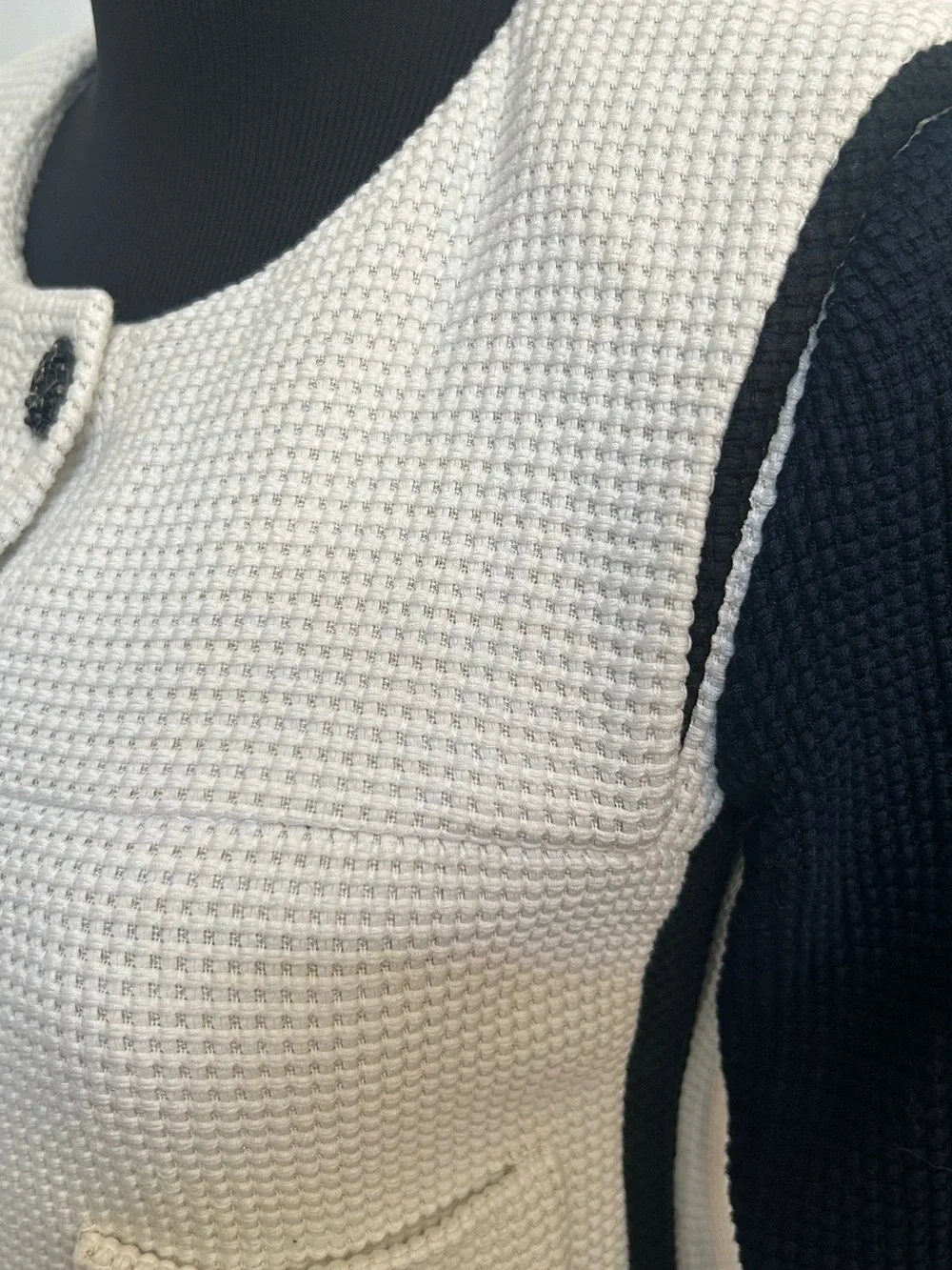 CHANEL Two-Tone Waffle Knit Button Jacket - White Navy Black